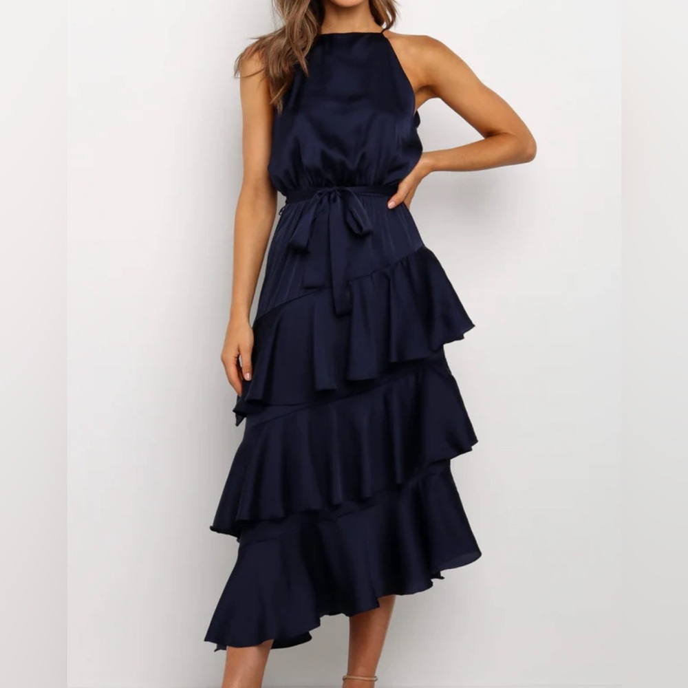 Petal & Pup Midnight Navy Ruffled Halter Maxi Dress